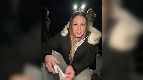 Media: A video of a young woman with light skin and blonde hair, wearing a black coat with fur trim, smiling and holding a pen at an outdoor event.