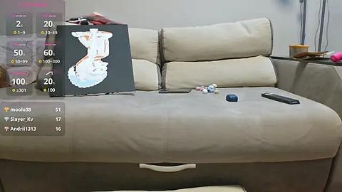 Media: A video of a beige couch with a printed anime character in a black frame, a remote, and a smartphone on its surface, in a cluttered living room.