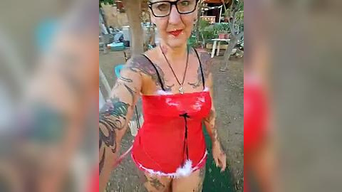 Media: A video of a tattooed woman in a revealing red Santa costume, with a black top and white fur trim, wearing glasses, standing outdoors.