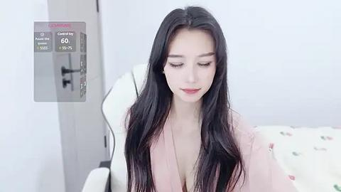 Media: A video of a fair-skinned Asian woman with long black hair, wearing a pink robe, sitting on a white chair in a minimalist room with a medical monitor displaying vital signs.