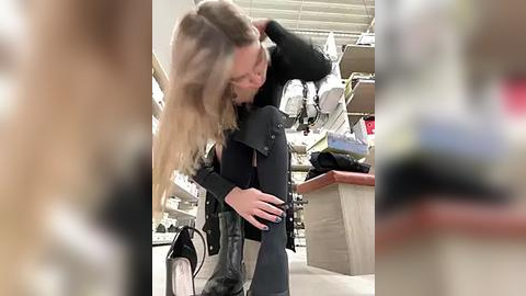 Media: A video captures a blonde woman in a black coat passionately kissing a man in a dark suit, in a brightly lit, modern store setting with shelves and merchandise visible.