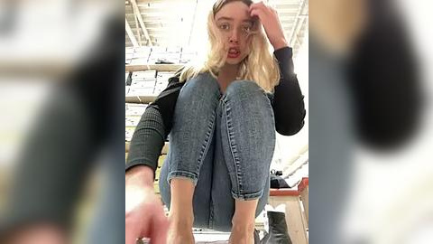 Media: Video of a blonde woman in a black jacket, sitting on a chair in a warehouse, wearing blue jeans, with a blurred background.