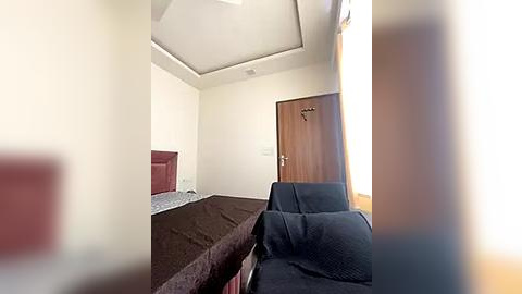 Media: Video of a sparsely furnished hotel room with a dark brown bed, a wooden door, and a beige wall. A blue sofa sits in the foreground.