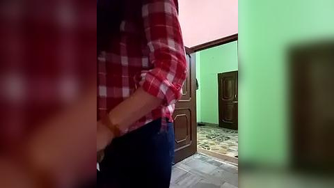 Media: Video of a person in a red and white checkered shirt and blue jeans, standing in a room with a green wall and open wooden door, revealing a tiled floor.