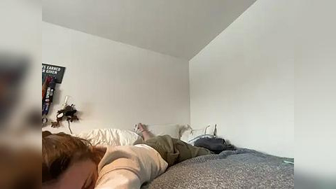 Media: Video of a young man in a beige sweater lying on a bed with white sheets and gray blankets, a framed \"Planet of the Apes\" poster on the wall.