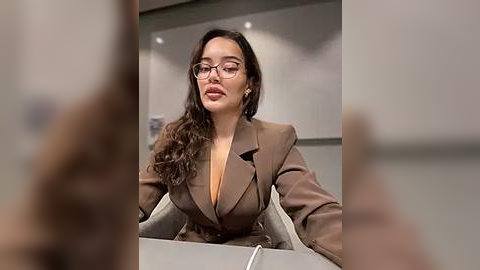 Media: Video of a young Asian woman with long, wavy brown hair, wearing glasses and a brown blazer, seated at a desk in an office setting.