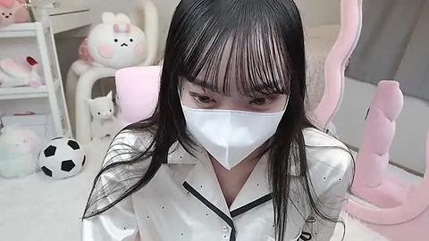 Media: A video of an Asian woman with long black hair, wearing a white mask, shirt, and pink chair, surrounded by plush toys, including a soccer ball, in a cozy, pastel-colored room.