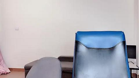 Media: Video of a modern, minimalist room with a bright blue chair, gray couch, and white walls. A white power outlet is visible on the wall, and a pink garment is draped on the left side.