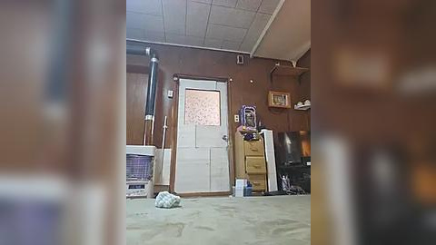 Media: A video of a cluttered garage with a white door, a laundry basket, a broom leaning against the wall, and a TV stand. The floor is concrete, and the walls are brown.