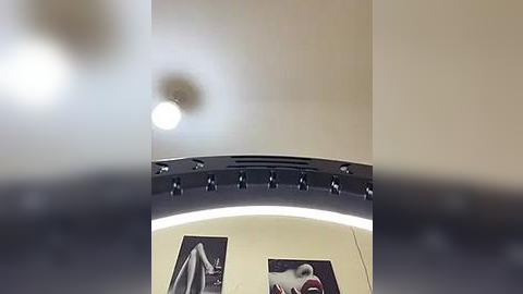 Media: Video of a modern, minimalist ceiling with a curved design, featuring a row of recessed lights and a central, large, white light fixture. The background is blurred, emphasizing the clean lines and sleek aesthetics of the ceiling.