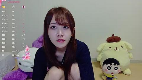 Media: A video of a young East Asian woman with long, straight brown hair, wearing a dark sweater, sitting on the floor. A stuffed animal and a plush toy are in the background.