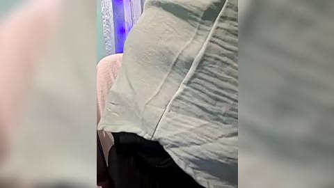 Media: A video showing a person's large, round belly in a light blue shirt, partially obscured by a fuzzy background, suggesting a candid, possibly humorous or embarrassing moment.