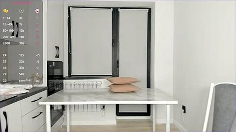 Media: Video of a minimalist, modern kitchen with white walls and light wood floors. Features a sleek white marble countertop, black cabinets, and a white radiator beneath a black-framed window with partially drawn beige blinds.