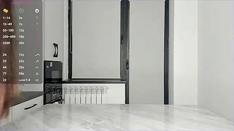 Media: A video of a sleek, modern kitchen with white walls, black appliances, and a marble countertop. The image includes a blurred figure in the foreground.