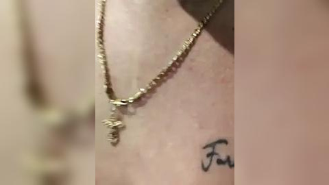 Media: A close-up video of a person's neck and shoulder, showcasing a delicate gold necklace with a small pendant and a tattoo reading \"Faith\" in cursive. The background is blurred, focusing attention on the jewelry and ink.