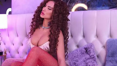 Media: Video of a curvy woman with long, curly brown hair, wearing a white feathered bra, red fishnet stockings, and a silver necklace, sitting on a white tufted headboard, surrounded by purple and blue pillows in a dimly lit, modern bedroom.