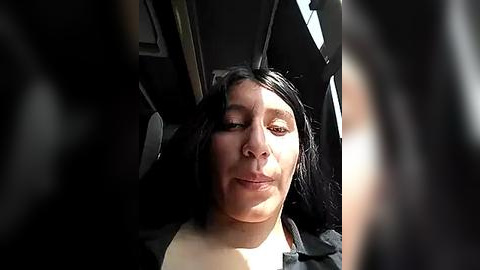 Media: Video of a woman with dark hair, light skin, and a neutral expression, captured from a low angle, partially obscured by car seats and window frames.