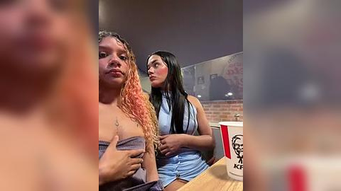 Media: Video of two young women, one with curly pink hair, the other with long black hair, sitting at a wooden table in a dimly lit restaurant.