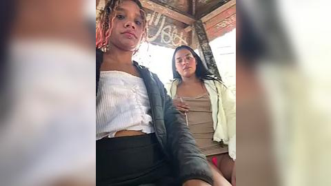 Media: Video of two young women in casual clothing, one with curly pink hair and another with long black hair, sitting in a rustic, wooden-beamed room.