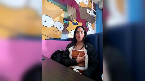 Media: Video of a Latina woman with long black hair, wearing a brown shirt and black jacket, sitting at a table in a colorful, cartoon-themed restaurant with large, vibrant murals.