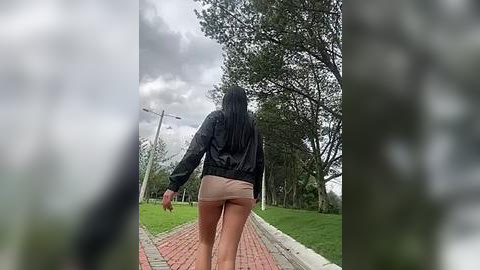 Media: Video of a woman with long black hair and a black jacket walking away on a park path, surrounded by trees and cloudy sky.