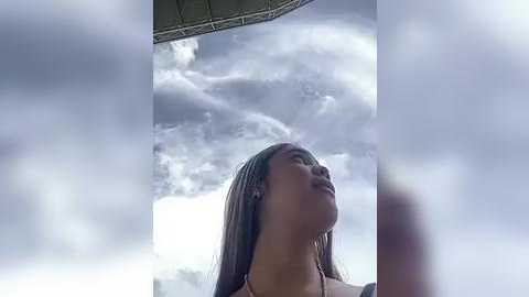 Media: A video of a young woman with long, straight brown hair, wearing a light-colored top, gazing upward at a cloudy sky. The image is slightly blurred, focusing on the sky, with a partial view of a roof's edge at the top.