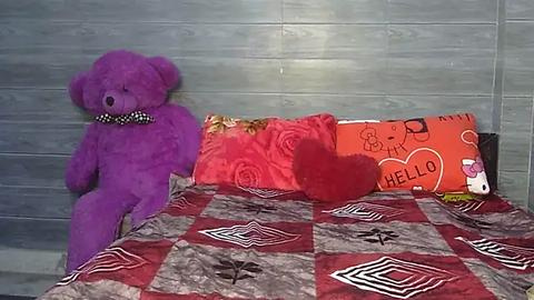 Media: Video of a purple teddy bear with a polka-dot bow on a red and gray checkered quilt, next to a red Hello Kitty pillow and a red heart-shaped cushion. The background is a wooden wall with a light blue tint.