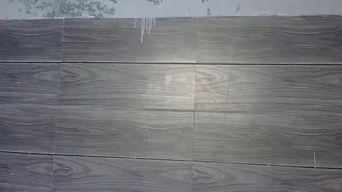 Media: Video of a wall with horizontally arranged gray wooden tiles, featuring natural grain patterns and minor scratches. The upper section has a textured, light-colored surface, possibly plaster or stucco, with a few cracks. The overall style is modern and utilitarian.