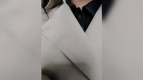 Media: Video of a person's chest in a light beige blazer over a black shirt. The blazer has a diagonal cross pattern and the fabric is smooth and textured.