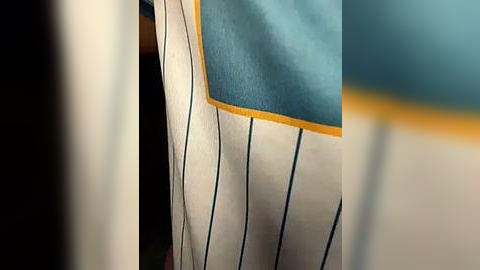 Media: Video of a close-up of a fabric with vertical white and blue stripes, with a teal and gold trim at the top. The fabric appears to be smooth and slightly textured.