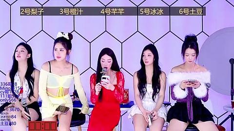 Media: Video of five Asian women in stylish outfits, seated on stools, each holding a microphone, against a white hexagonal wall, with a scoreboard above.