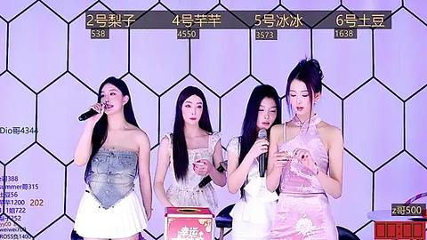 Media: Video of four Asian women in pastel dresses, singing into microphones against a hexagonal wall, with Chinese text and score screens above.