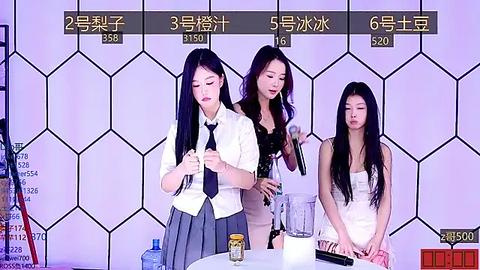 Media: Video of three East Asian women in a kitchen, each wearing a different outfit, standing in front of a hexagonal patterned background with a TV screen displaying game show scores.