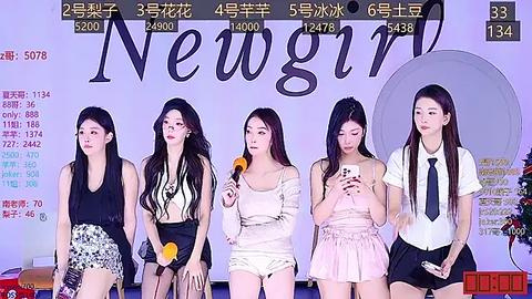 Media: Video of five young women in stylish outfits, standing against a purple backdrop with \"Newgirl\" text. Each holds a microphone, looking serious and poised.