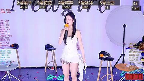 Media: Video of a slender, fair-skinned Asian woman with long black hair, wearing a white dress, singing into a microphone on a stage. Background includes a white screen with Chinese text, black stools, and scattered confetti.