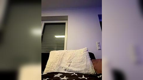 Media: Video of a cozy bedroom featuring a white, fluffy pillow with star patterns on a dark bedspread. A window with white blinds and a wall-mounted light switch are visible in the background.