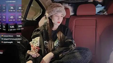 Media: Video of a young woman with long brown hair, wearing a beige knitted beanie and a colorful, patterned sweater, sitting in a car seat with fur blankets, surrounded by a dimly lit interior.