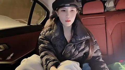 Media: Video of a young East Asian woman in a black puffy jacket and hat, seated in a car with red leather seats. She has long straight hair, fair skin, and a neutral expression.