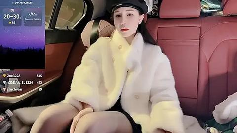 Media: Video of a young woman with fair skin, wearing a white fur coat and black hat, sitting in a red leather car seat. Background shows a night cityscape and car interior.