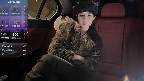 Media: Video of a young Asian man in a fur coat, sitting in a car at night, looking pensive, with a digital screen displaying social media statistics in the background.