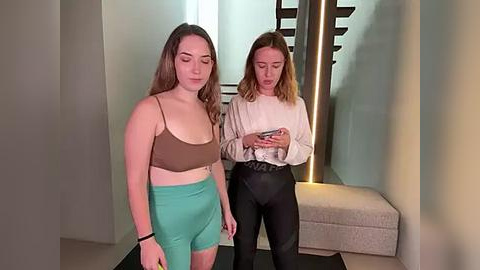 Media: Video of two young women, one with long brown hair in a brown top and green shorts, the other with blonde hair in a white top and black pants, standing in a modern indoor space.