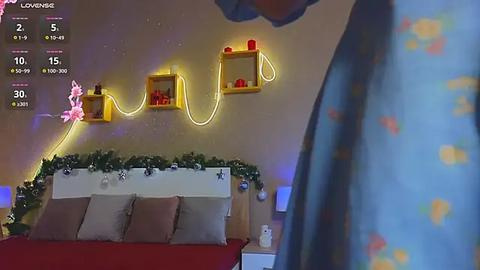 Media: Video of a cozy bedroom with a large bed adorned with pillows, decorated with fairy lights, and a festive garland. A person in a blue floral shirt stands in the foreground.