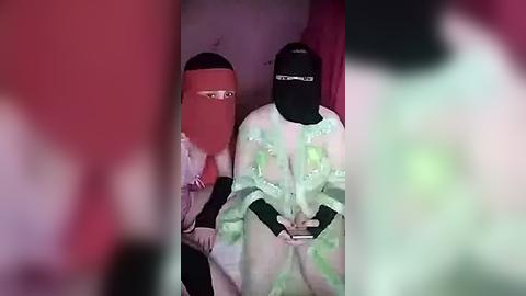 Media: Video of two masked figures in black hoods, one with a pink headscarf, holding smartphones, standing in a dimly lit room with a pink wall and green light.