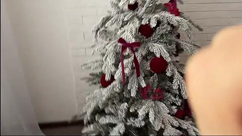 Media: Video of a decorated Christmas tree with white snow-like flocking, red ornaments, and a red ribbon bow, against a light brick wall background.