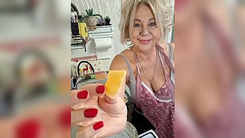 Media: Video of a smiling, middle-aged blonde woman with short hair, wearing a pink floral apron over a sleeveless top, holding a glass of orange juice, in a cozy, cluttered kitchen.