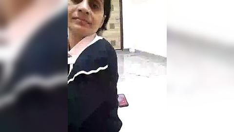 Media: Video of a woman with short dark hair, wearing a black jacket with white trim, standing in a bright, white-tiled hallway. She has a neutral expression and is holding a smartphone.