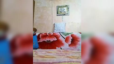 Media: Video of a cozy bedroom with a bed covered in a floral-patterned duvet featuring large red poppies, framed artwork on beige wall, and a blue pillow.