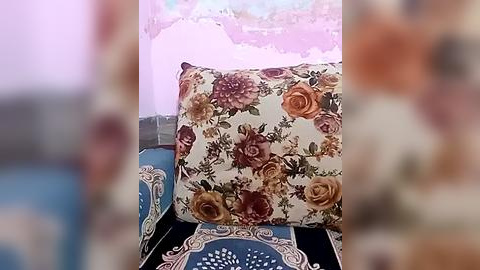 Media: Video of a beige cushion with floral pattern (roses, leaves) on a blue and white ornate rug. Background features a pastel pink wall with peeling paint. The image is slightly blurred, emphasizing the cozy, vintage decor.