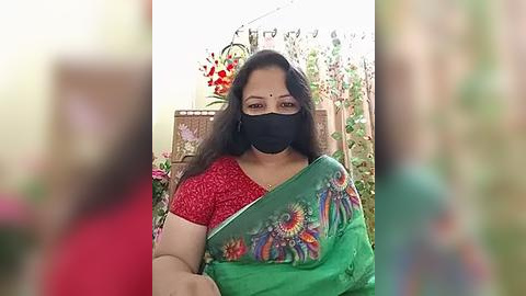 Media: A video of a South Asian woman with long black hair and medium skin tone, wearing a red lace top, green saree with colorful floral embroidery, black face mask, and traditional red bindi, standing outdoors near a garden with pink flowers.