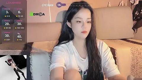 Media: A video of an East Asian woman with long black hair, wearing a white t-shirt, sitting on a beige couch. The background shows a TV displaying a \"LOVE GAME\" game interface.